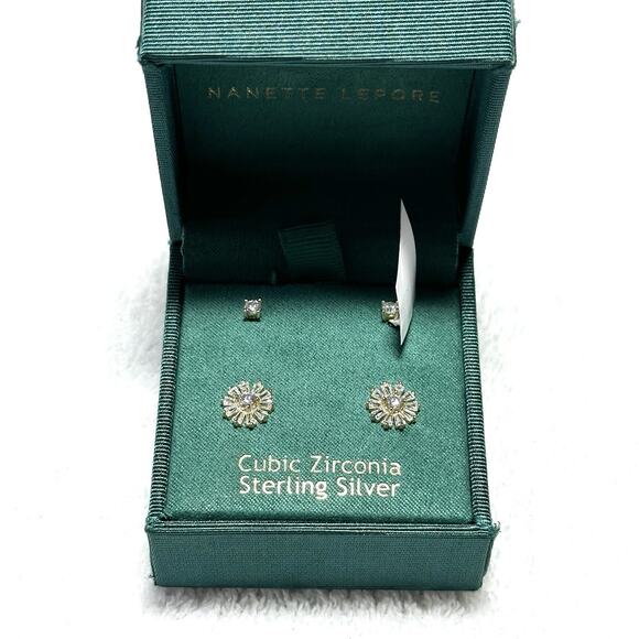Nanette Lepore Jewelry - Two Pairs Nanette Lepore Cubic Zirconia Sterling Silver Flower Gold Earrings NIB